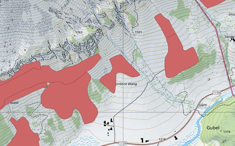 Carte nationale swisstopo avec le périmètre protégé de Oberen Hütten (Prairie sèche)