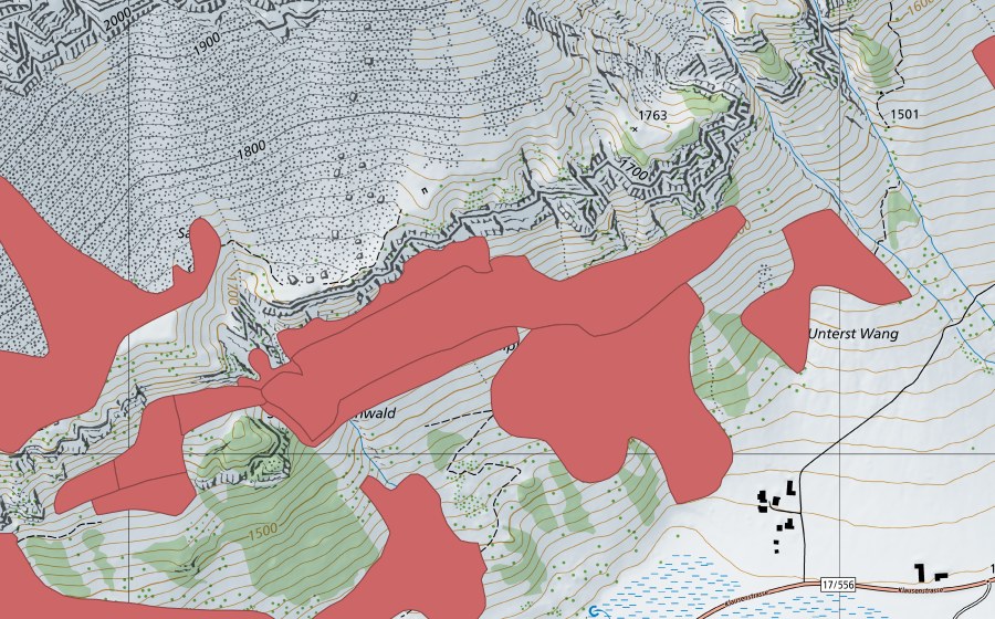 Landeskarte swisstopo mit dem Schutzperimeter von Oberen Hütten (Trockenwiese)
