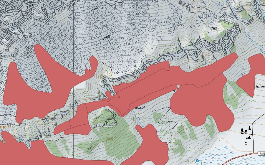Landeskarte swisstopo mit dem Schutzperimeter von Oberen Hütten (Trockenwiese)