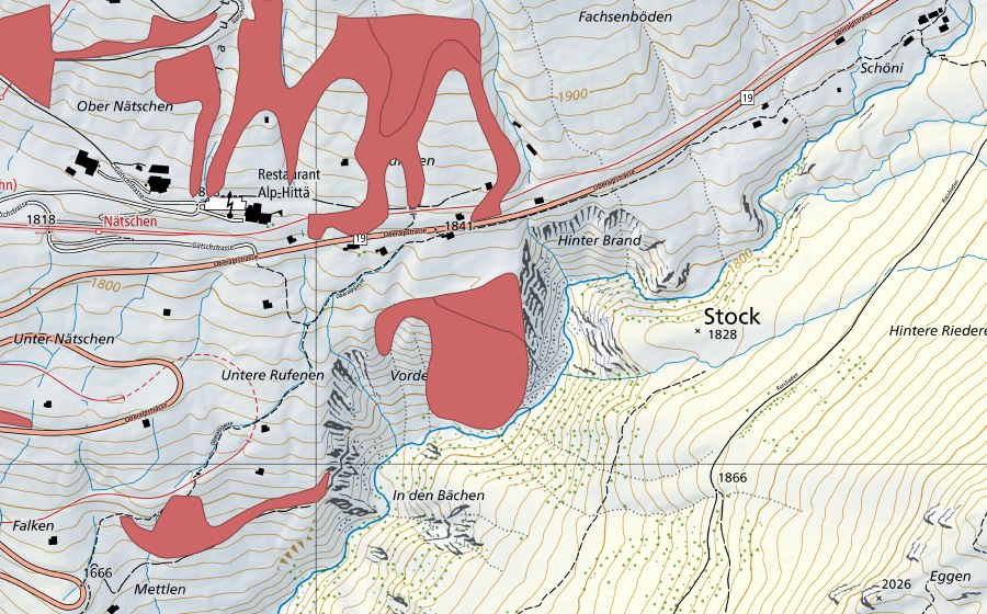 Carte nationale swisstopo avec le périmètre protégé de Oberer Nätschen (Prairie sèche)