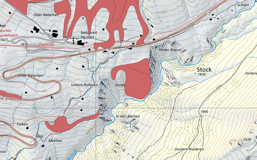Carte nationale swisstopo avec le périmètre protégé de Oberer Nätschen (Prairie sèche)