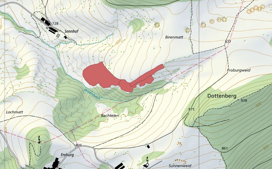Landeskarte swisstopo mit dem Schutzperimeter von Oberer Sennhof (Trockenwiese)