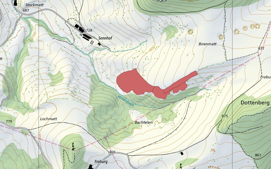 swisstopo national map showing the protected perimeter of Oberer Sennhof (Dry meadow)