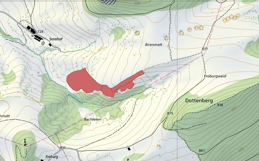 Landeskarte swisstopo mit dem Schutzperimeter von Oberer Sennhof (Trockenwiese)
