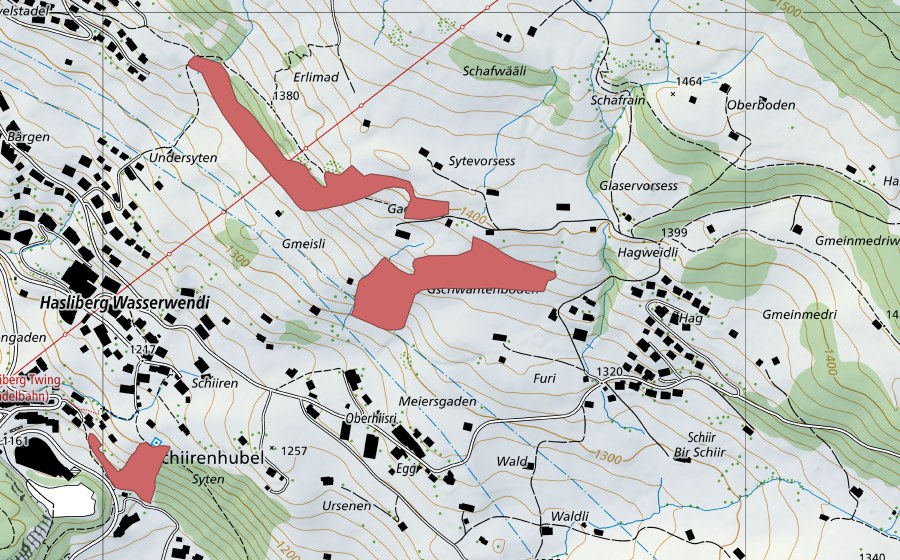 Landeskarte swisstopo mit dem Schutzperimeter von Oberhiisri (Trockenwiese)