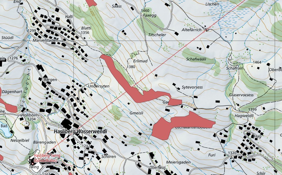 swisstopo national map showing the protected perimeter of Oberhiisri (Dry meadow)