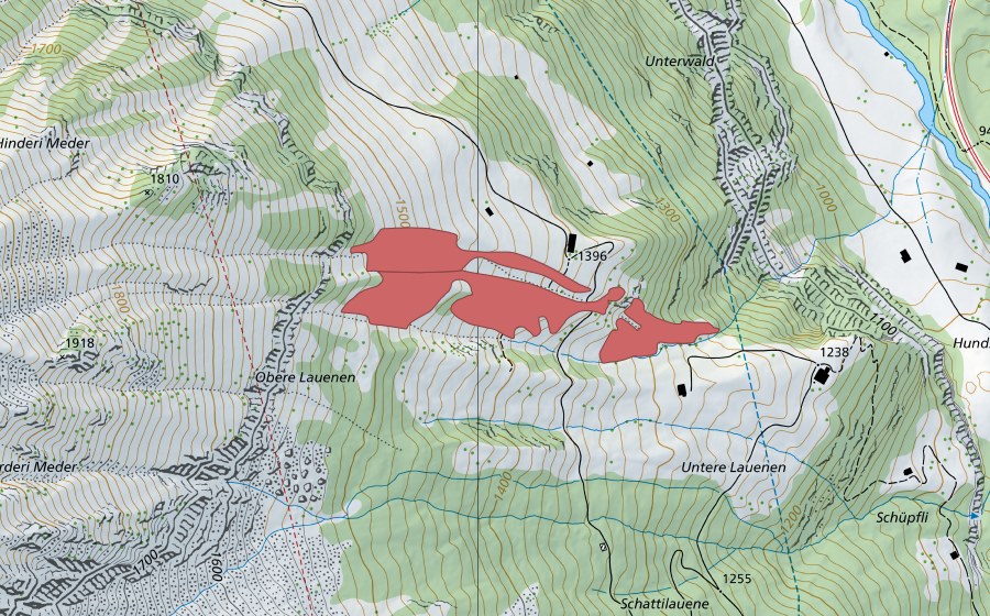 swisstopo national map showing the protected perimeter of Oberi Lauene (Dry meadow)