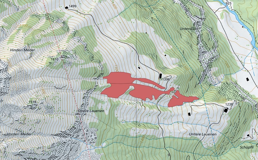 swisstopo national map showing the protected perimeter of Oberi Lauene (Dry meadow)