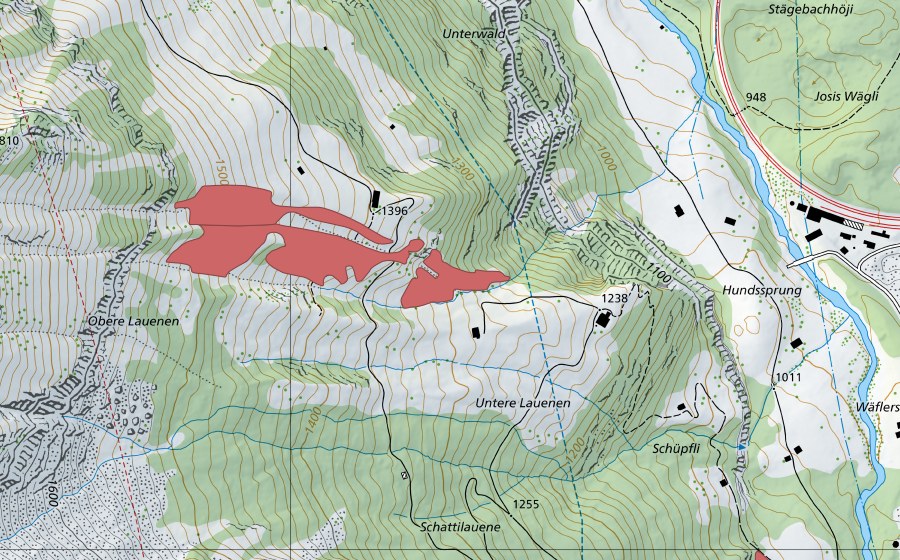 Carte nationale swisstopo avec le périmètre protégé de Oberi Lauene (Prairie sèche)