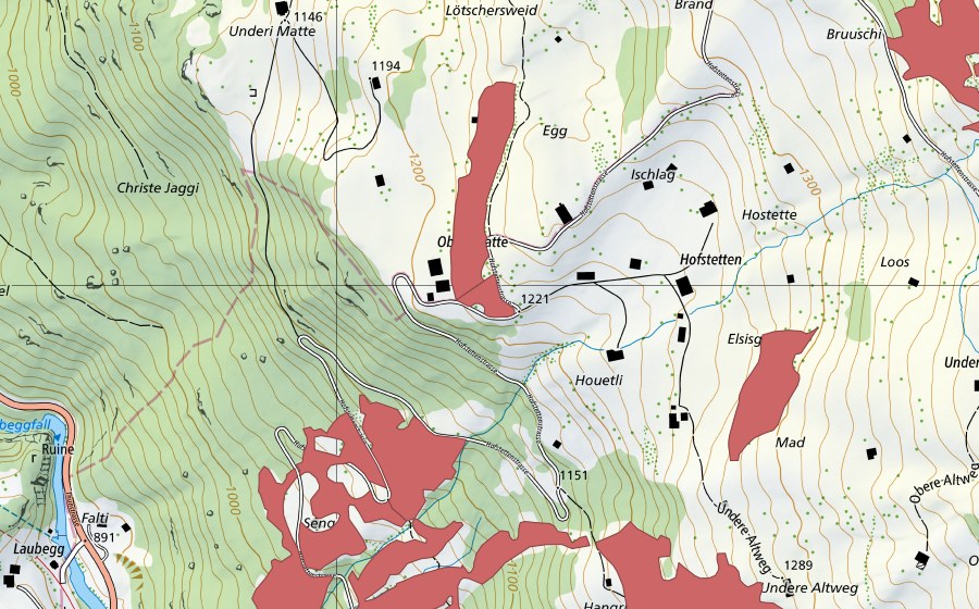 Carte nationale swisstopo avec le périmètre protégé de Oberi Matte (Prairie sèche)