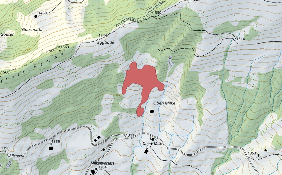 swisstopo national map showing the protected perimeter of Oberi Milke (Dry meadow)