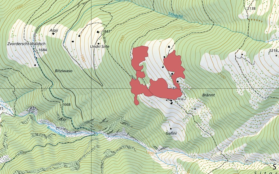 Carte nationale swisstopo avec le périmètre protégé de Oberi Site (Prairie sèche)