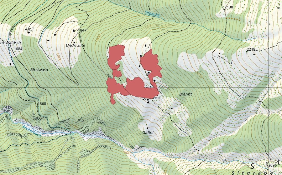 Carte nationale swisstopo avec le périmètre protégé de Oberi Site (Prairie sèche)