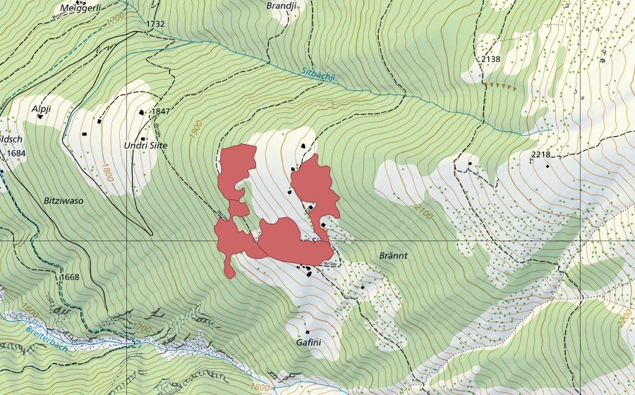 Landeskarte swisstopo mit dem Schutzperimeter von Oberi Site (Trockenwiese)