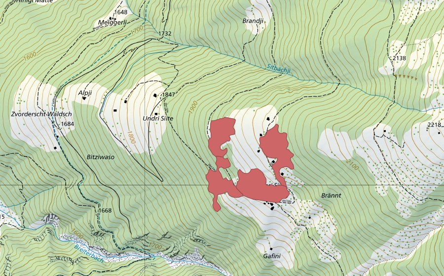 Landeskarte swisstopo mit dem Schutzperimeter von Oberi Site (Trockenwiese)