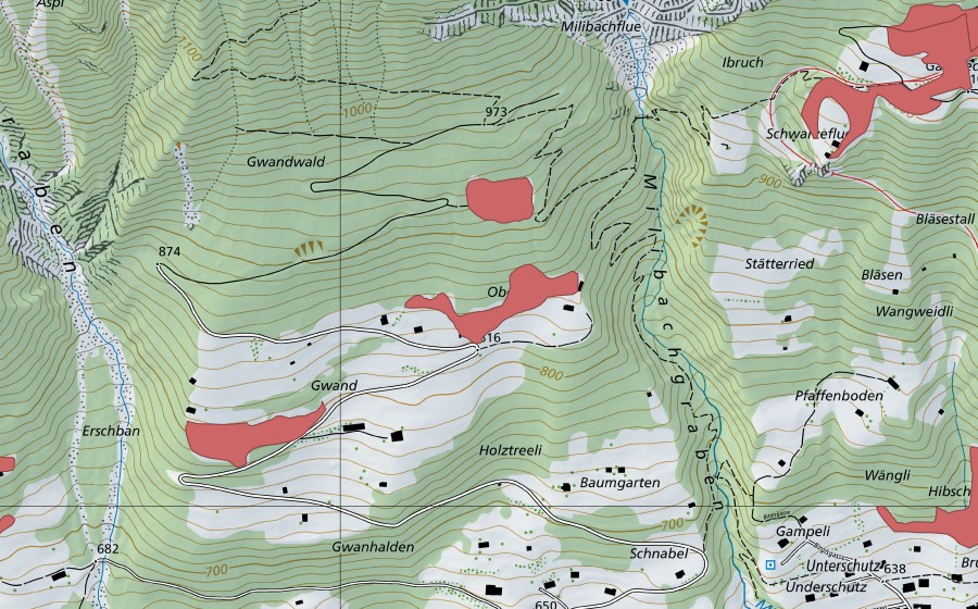 Landeskarte swisstopo mit dem Schutzperimeter von Obermad (Trockenwiese)