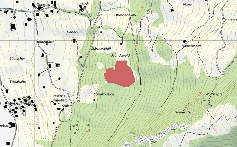 Carte nationale swisstopo avec le périmètre protégé de Oberriedallmi (Prairie sèche)