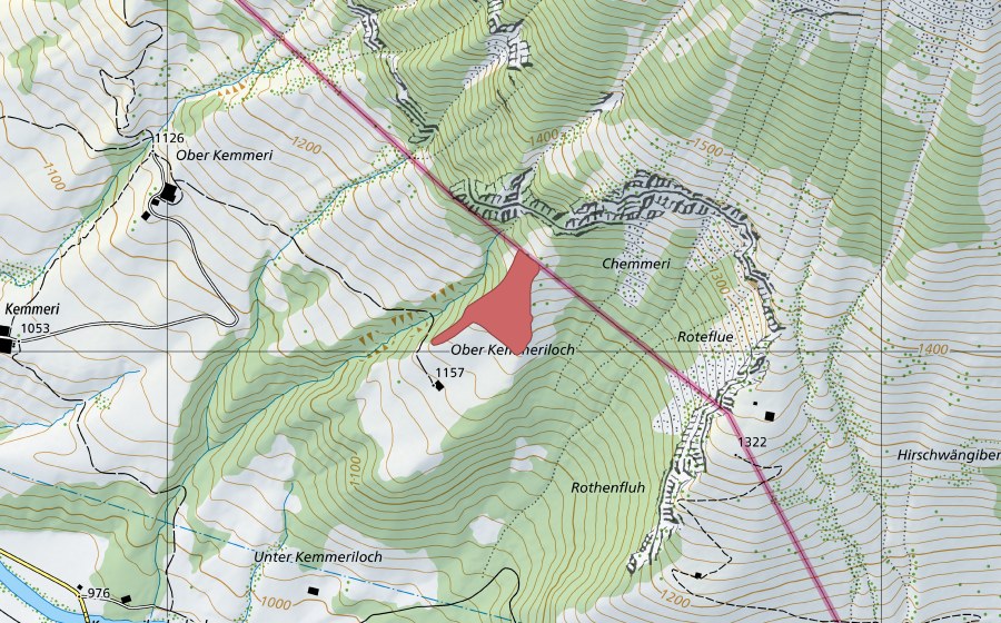 Landeskarte swisstopo mit dem Schutzperimeter von Obers Chemmeriloch (Trockenwiese)