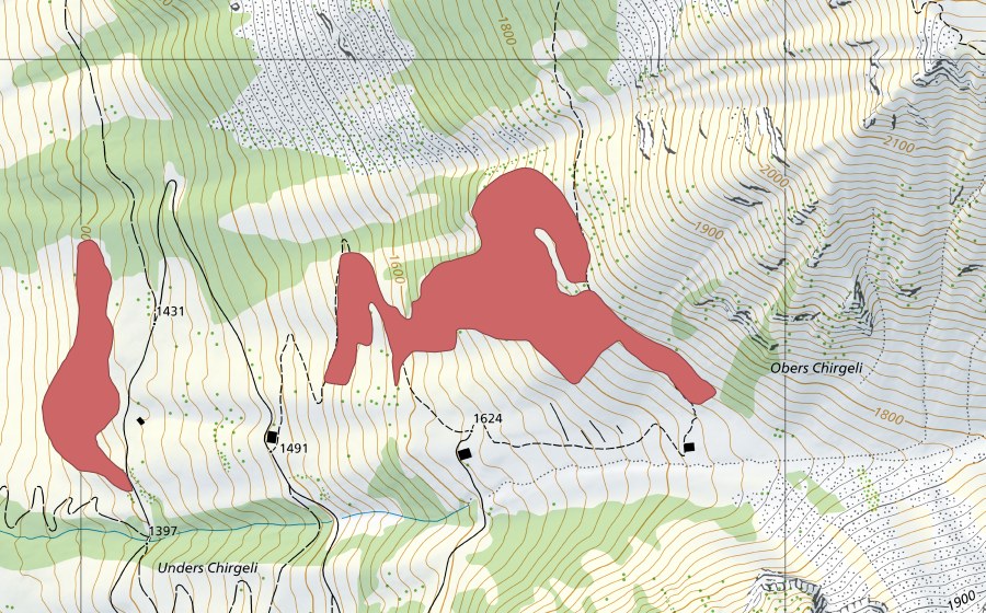 Carte nationale swisstopo avec le périmètre protégé de Obers Chirgeli (Prairie sèche)