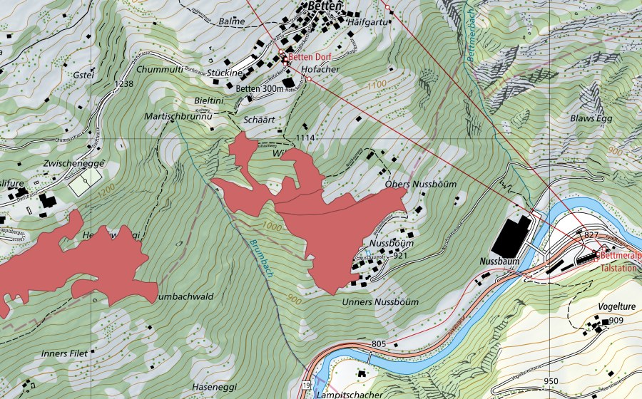 Carte nationale swisstopo avec le périmètre protégé de Obers Nussböüm (Prairie sèche)