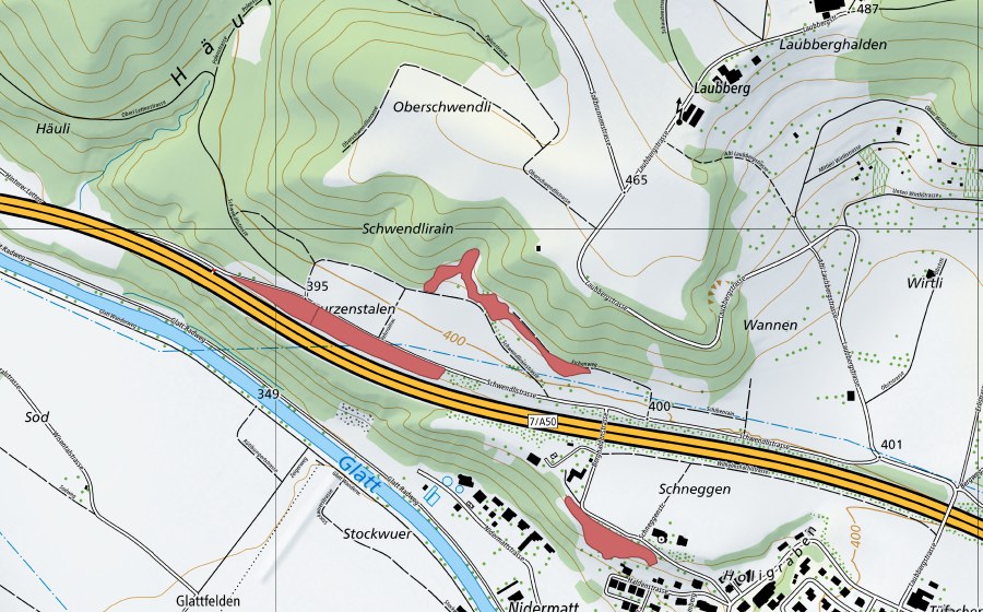 Landeskarte swisstopo mit dem Schutzperimeter von Oberschwendli (Trockenwiese)