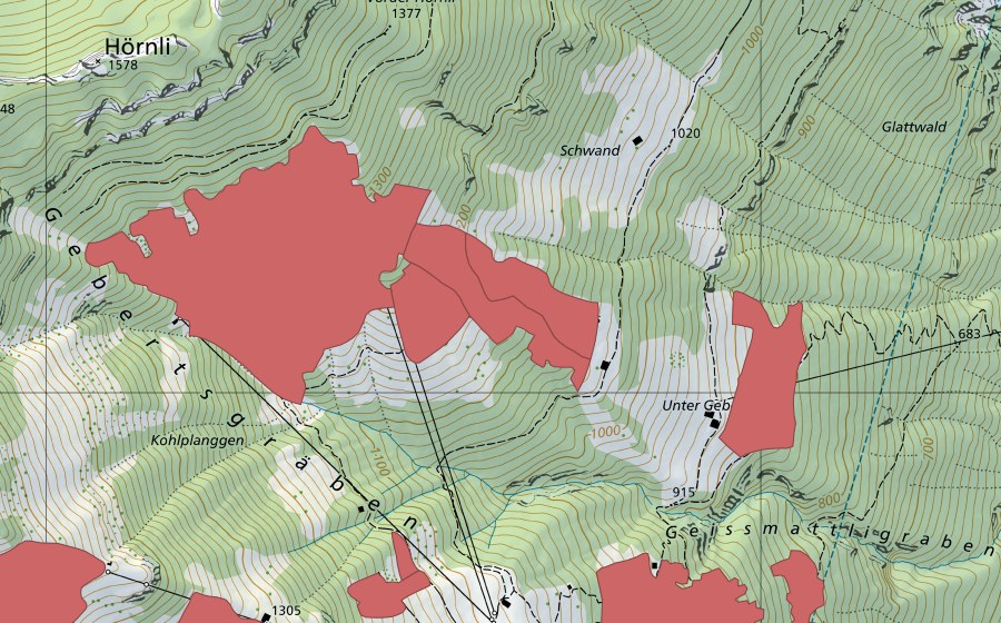 Carte nationale swisstopo avec le périmètre protégé de Oberst Geberts (Prairie sèche)