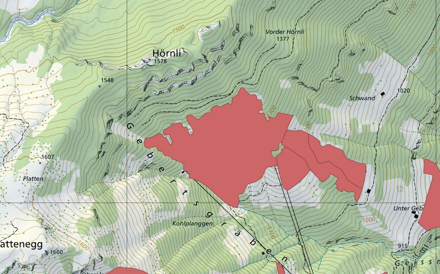 Carte nationale swisstopo avec le périmètre protégé de Oberst Geberts (Prairie sèche)