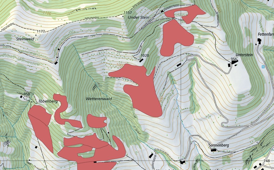 Carte nationale swisstopo avec le périmètre protégé de Oberstein (Prairie sèche)