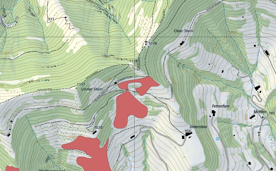 Carte nationale swisstopo avec le périmètre protégé de Oberstein (Prairie sèche)