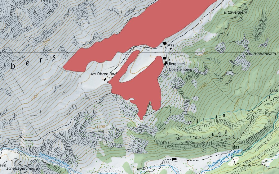 Carte nationale swisstopo avec le périmètre protégé de Obersteinberg (Prairie sèche)
