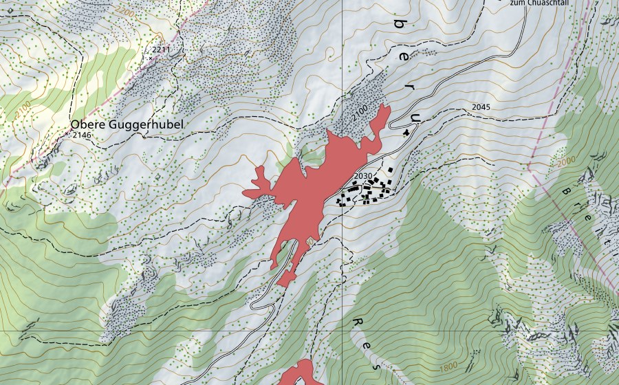 swisstopo national map showing the protected perimeter of Oberu (Dry meadow)