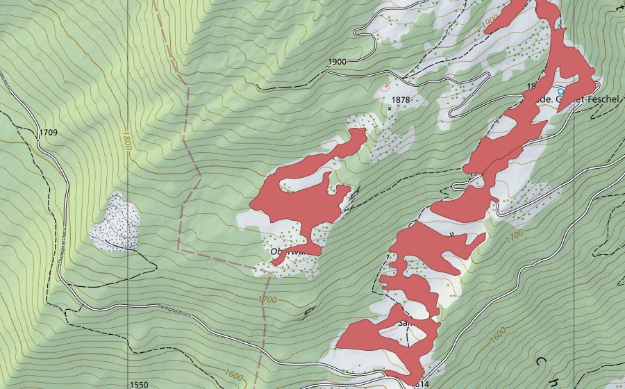 Carta nazionale swisstopo con il perimetro protetto di Oberwald (Prato secco)