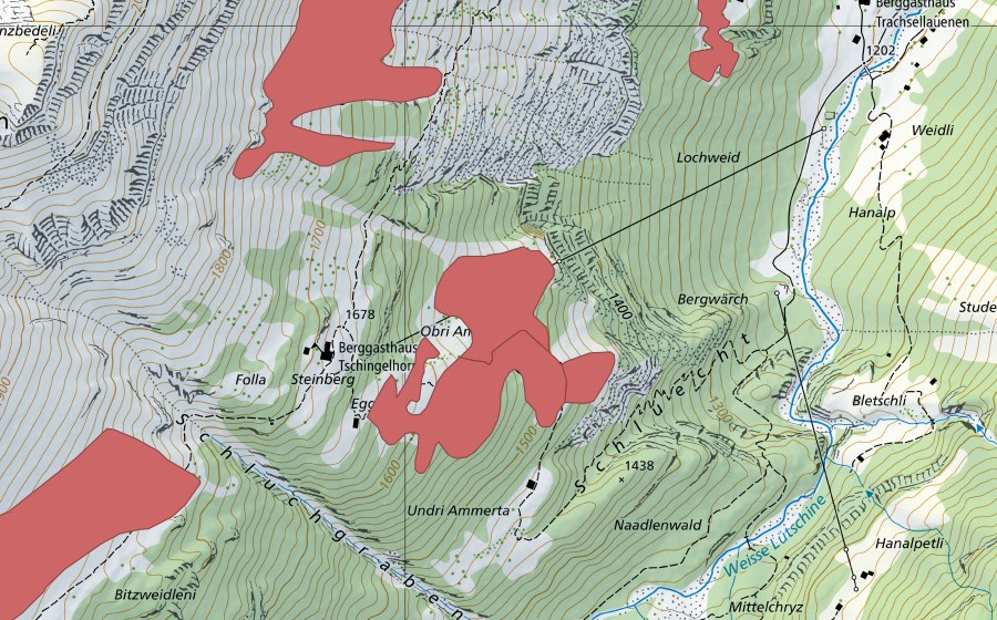 Landeskarte swisstopo mit dem Schutzperimeter von Obri Ammerta (Trockenwiese)