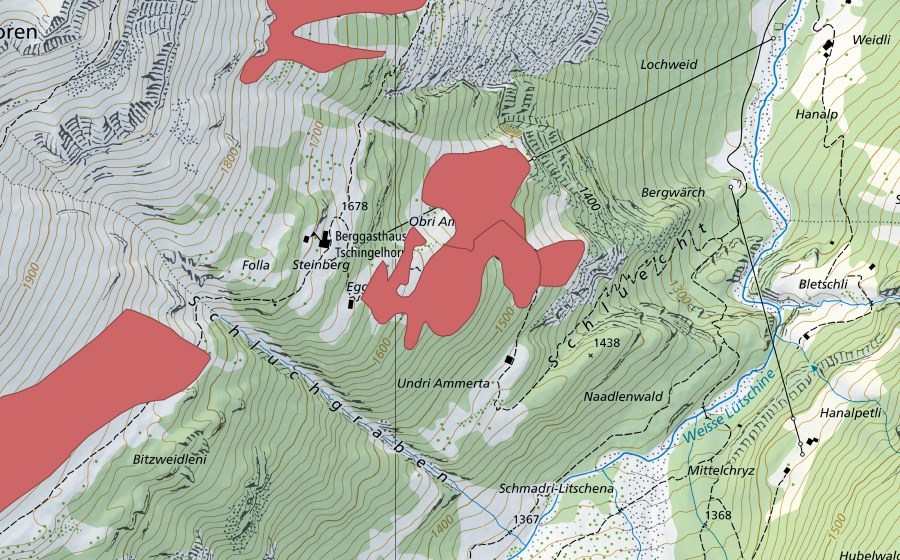 swisstopo national map showing the protected perimeter of Obri Ammerta (Dry meadow)