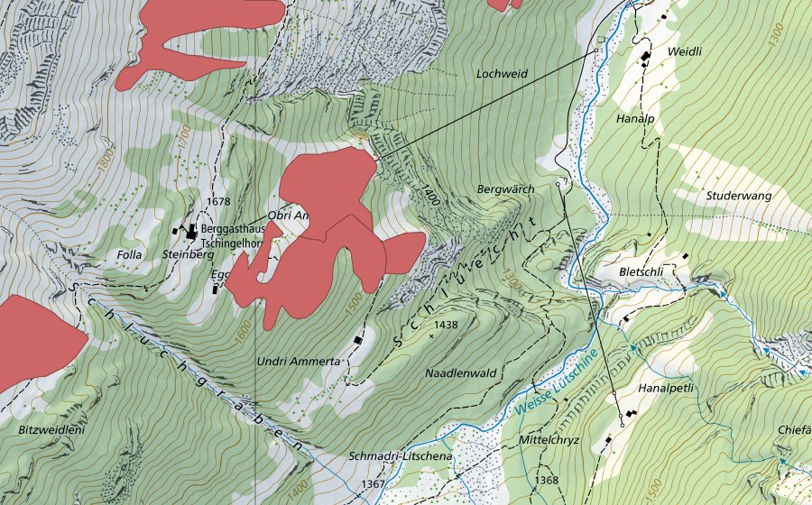 Carte nationale swisstopo avec le périmètre protégé de Obri Ammerta (Prairie sèche)