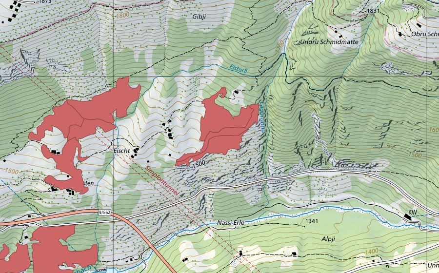 Carte nationale swisstopo avec le périmètre protégé de Obri Eist (Prairie sèche)