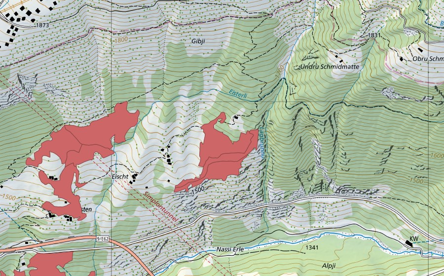 Carte nationale swisstopo avec le périmètre protégé de Obri Eist (Prairie sèche)
