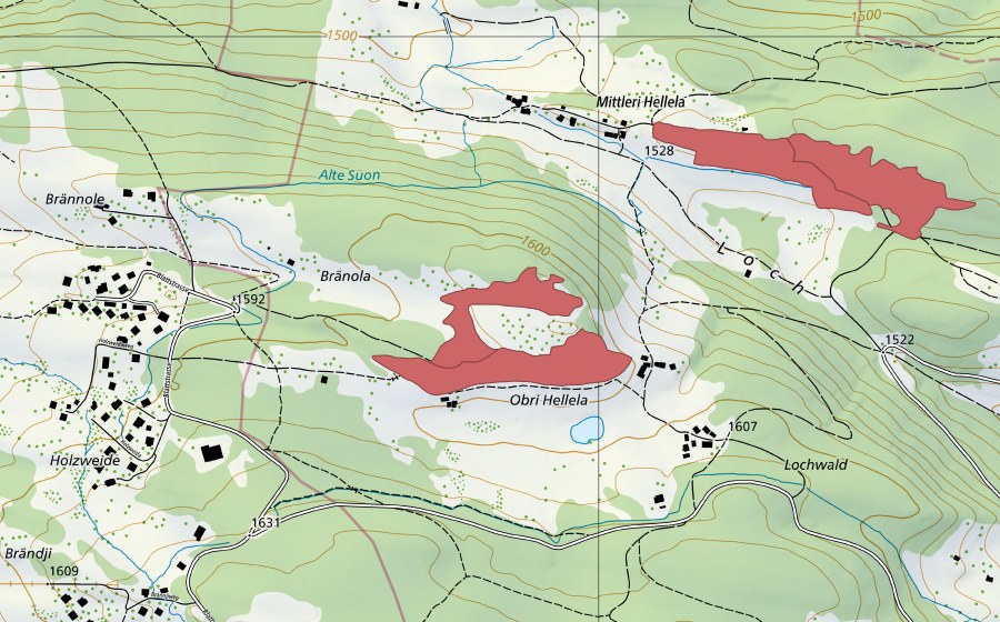 Carte nationale swisstopo avec le périmètre protégé de Obri Hellela (Prairie sèche)