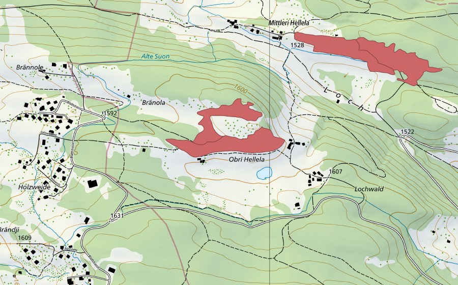 Carte nationale swisstopo avec le périmètre protégé de Obri Hellela (Prairie sèche)