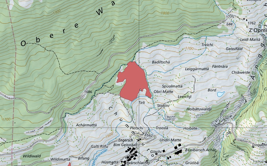 Carte nationale swisstopo avec le périmètre protégé de Obri Matte (Prairie sèche)