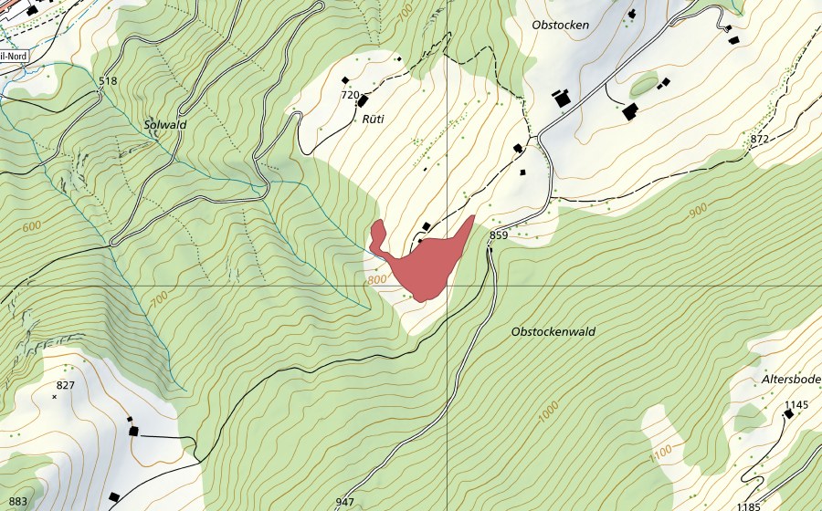 swisstopo national map showing the protected perimeter of Obstocken (Dry meadow)