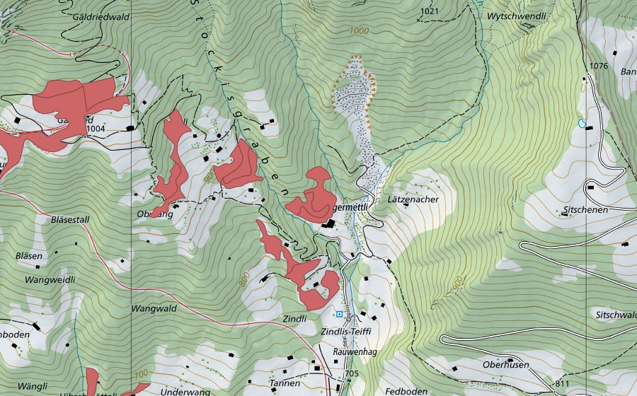 Landeskarte swisstopo mit dem Schutzperimeter von Obwang (Trockenwiese)