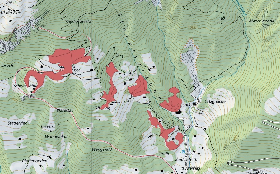 Landeskarte swisstopo mit dem Schutzperimeter von Obwang (Trockenwiese)