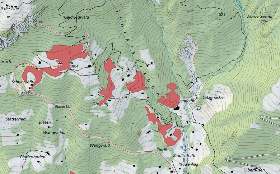 Landeskarte swisstopo mit dem Schutzperimeter von Obwang (Trockenwiese)