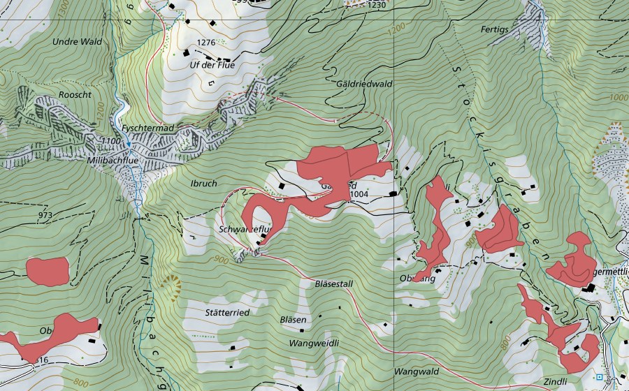 Carte nationale swisstopo avec le périmètre protégé de Obwang (Prairie sèche)