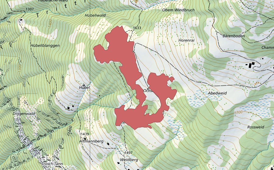 Carte nationale swisstopo avec le périmètre protégé de Ochsenbüel (Prairie sèche)