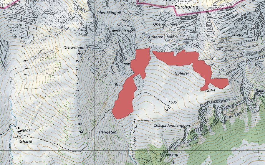 Carte nationale swisstopo avec le périmètre protégé de Ochsenfeld (Prairie sèche)