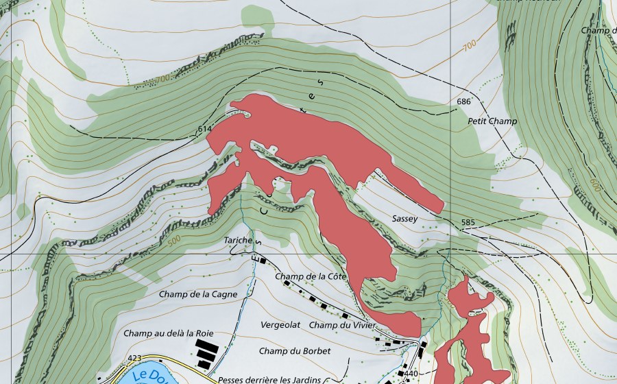 swisstopo national map showing the protected perimeter of Ocourt (Dry meadow)