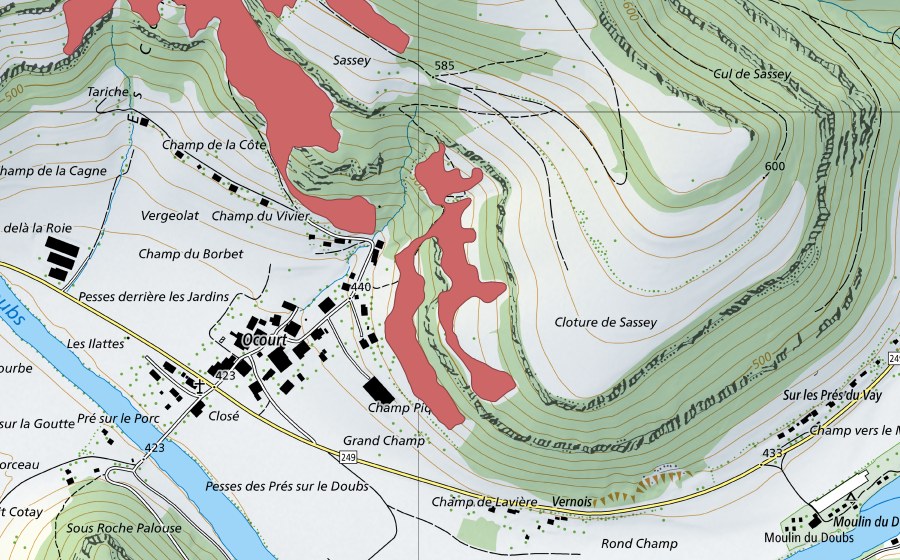 swisstopo national map showing the protected perimeter of Ocourt (Dry meadow)