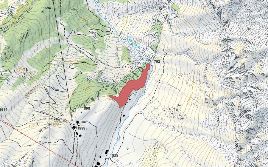 Landeskarte swisstopo mit dem Schutzperimeter von Olde (Trockenwiese)